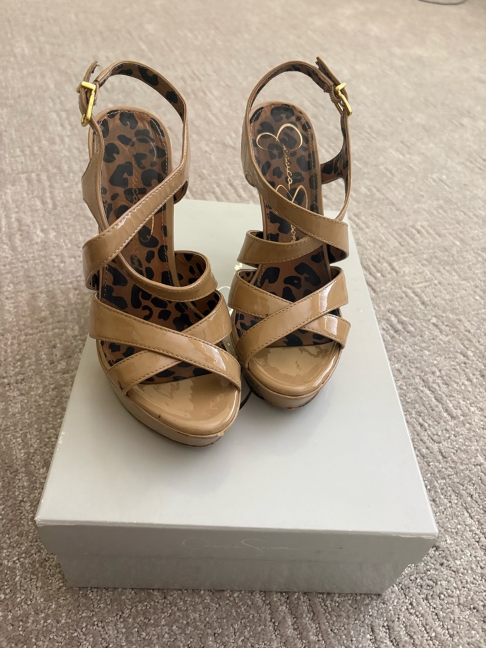 Jessica Simpson Nude Patent Leather Strappy Platform Heels